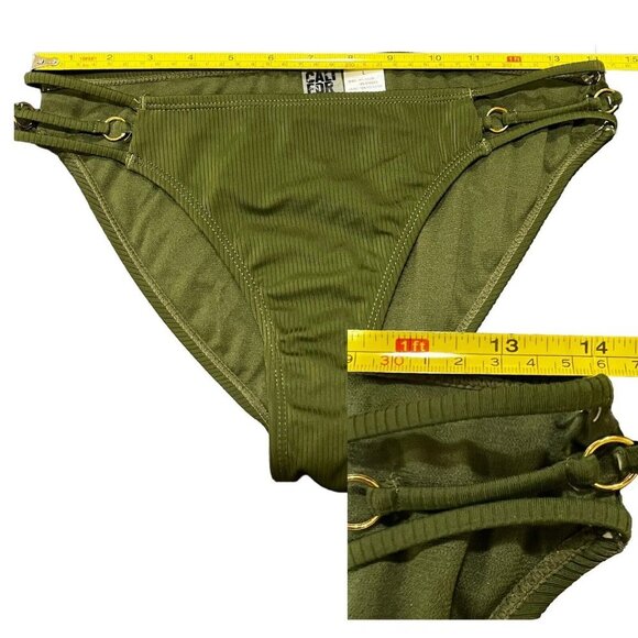 New California Waves Jr's Large Green Moss Ribbed Strappy Hipster Bikini Bottoms - Picture 5 of 9